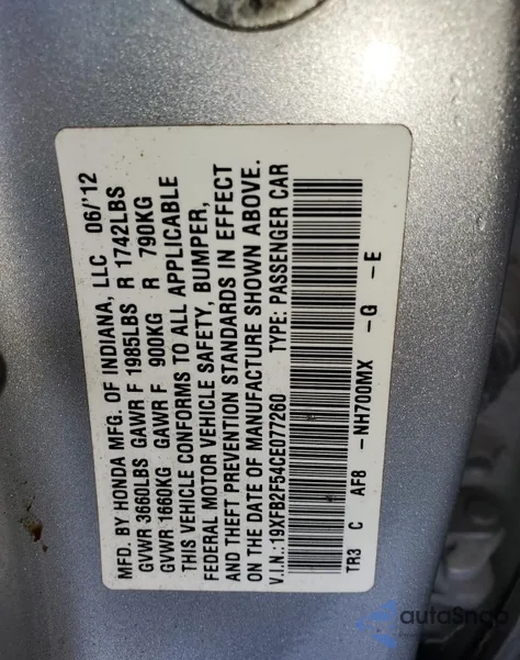 2012 Honda Civic Lx z USA, uszkodzony, nr VIN 19XFB2F54CE077260